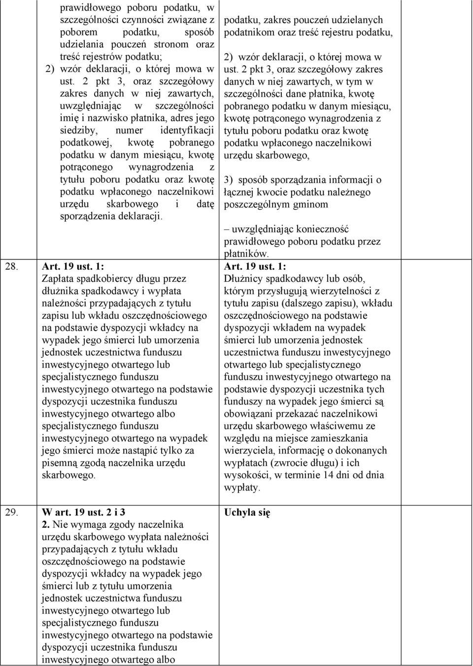 miesiącu, kwotę potrąconego wynagrodzenia z tytułu poboru podatku oraz kwotę podatku wpłaconego naczelnikowi urzędu skarbowego i datę sporządzenia deklaracji. 28. Art. 19 ust.