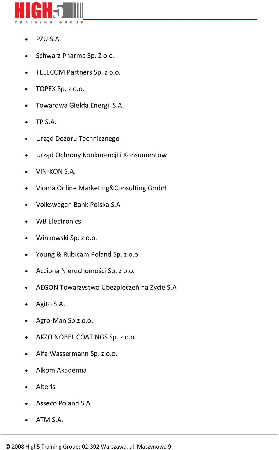 z o.o. AEGON Towarzystwo Ubezpieczeo na Życie S.A Agito S.A. Agro-Man Sp.z o.o. AKZO NOBEL COATINGS Sp. z o.o. Alfa Wassermann Sp. z o.o. Alkom Akademia Alteris Asseco Poland S.