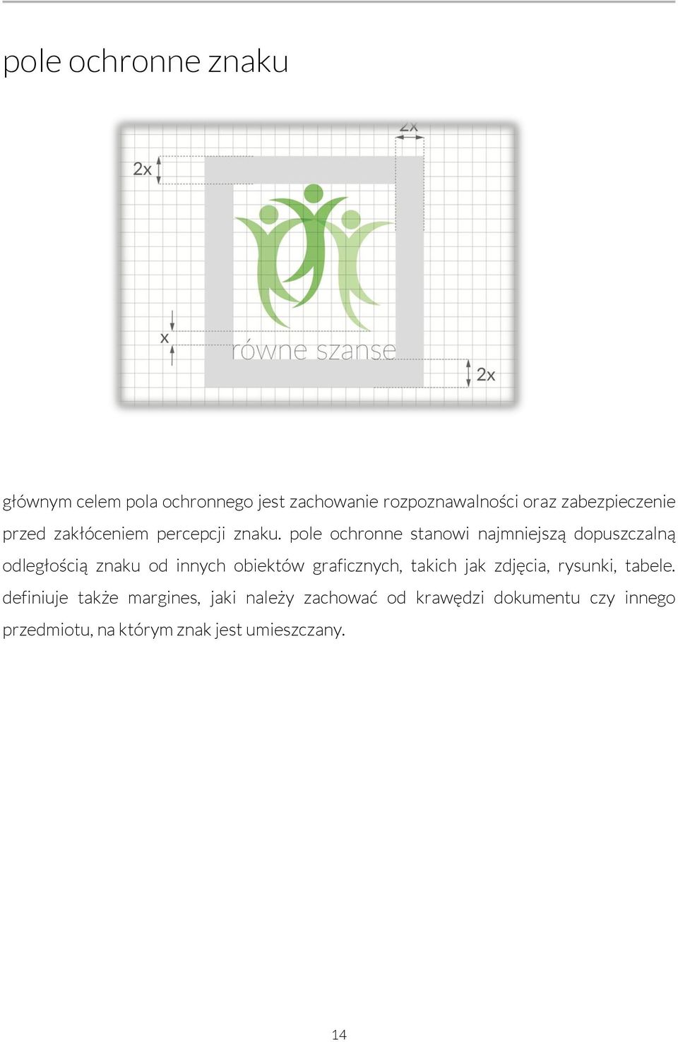 pole ochronne stanowi najmniejszą dopuszczalną odległością znaku od innych obiektów graficznych,