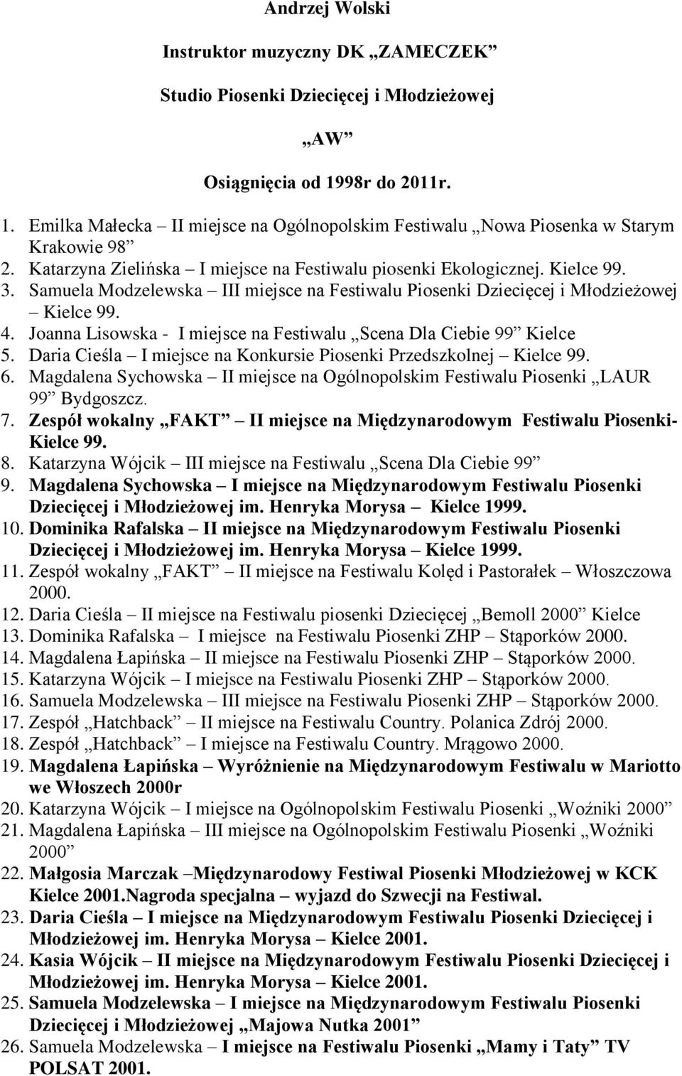 Joanna Lisowska - I miejsce na Festiwalu Scena Dla Ciebie 99 Kielce 5. Daria Cieśla I miejsce na Konkursie Piosenki Przedszkolnej Kielce 99. 6.