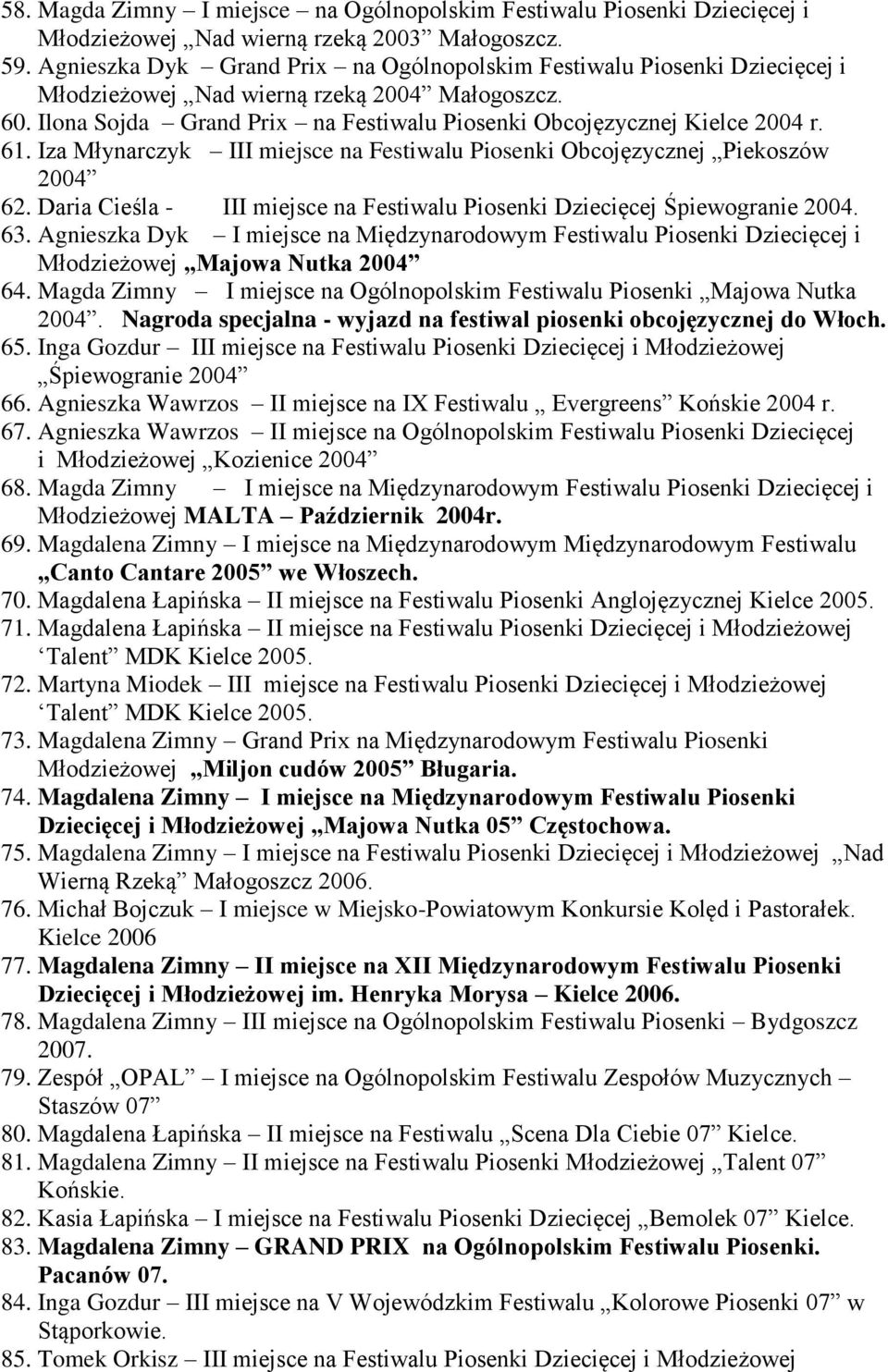 61. Iza Młynarczyk III miejsce na Festiwalu Piosenki Obcojęzycznej Piekoszów 2004 62. Daria Cieśla - III miejsce na Festiwalu Piosenki Dziecięcej Śpiewogranie 2004. 63.