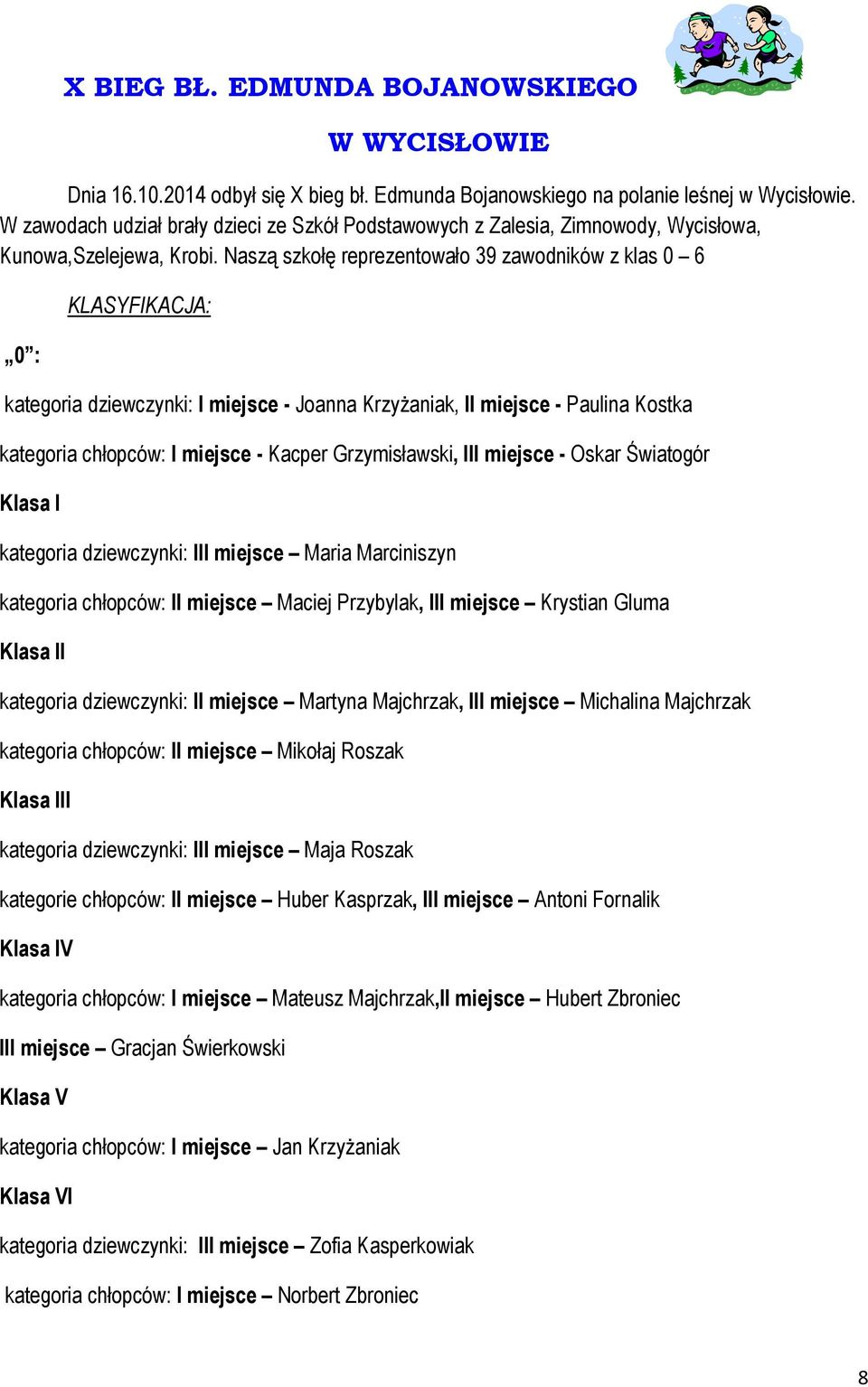 Naszą szkołę reprezentowało 39 zawodników z klas 0 6 0 : KLASYFIKACJA: kategoria dziewczynki: I miejsce - Joanna Krzyżaniak, II miejsce - Paulina Kostka kategoria chłopców: I miejsce - Kacper