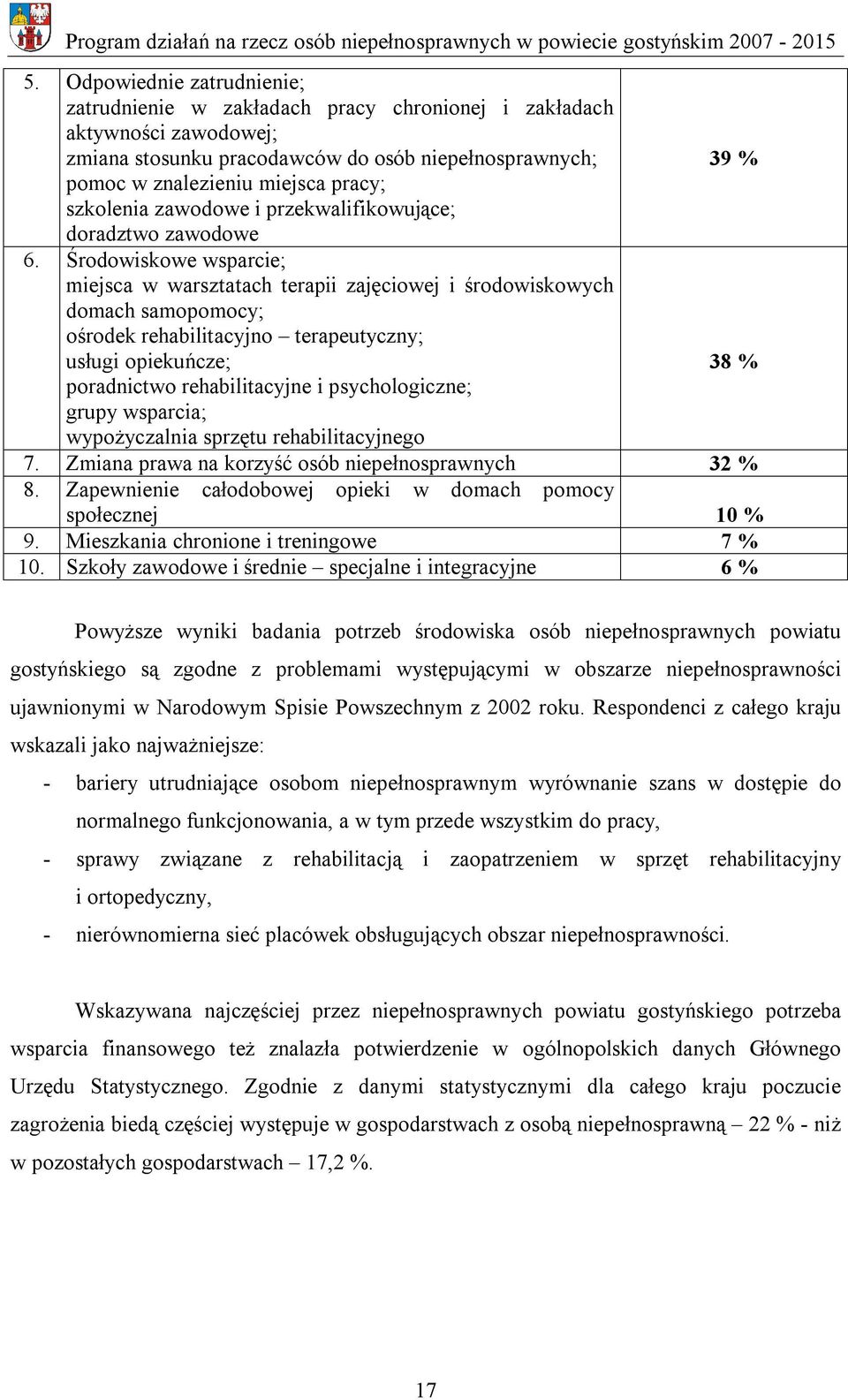 Środowiskowe wsparcie; miejsca w warsztatach terapii zajęciowej i środowiskowych domach samopomocy; ośrodek rehabilitacyjno terapeutyczny; usługi opiekuńcze; 38 % poradnictwo rehabilitacyjne i