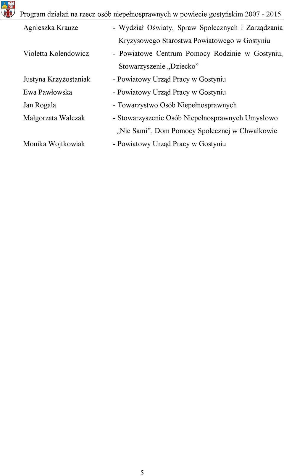 Gostyniu Ewa Pawłowska - Powiatowy Urząd Pracy w Gostyniu Jan Rogala - Towarzystwo Osób Niepełnosprawnych Małgorzata Walczak -