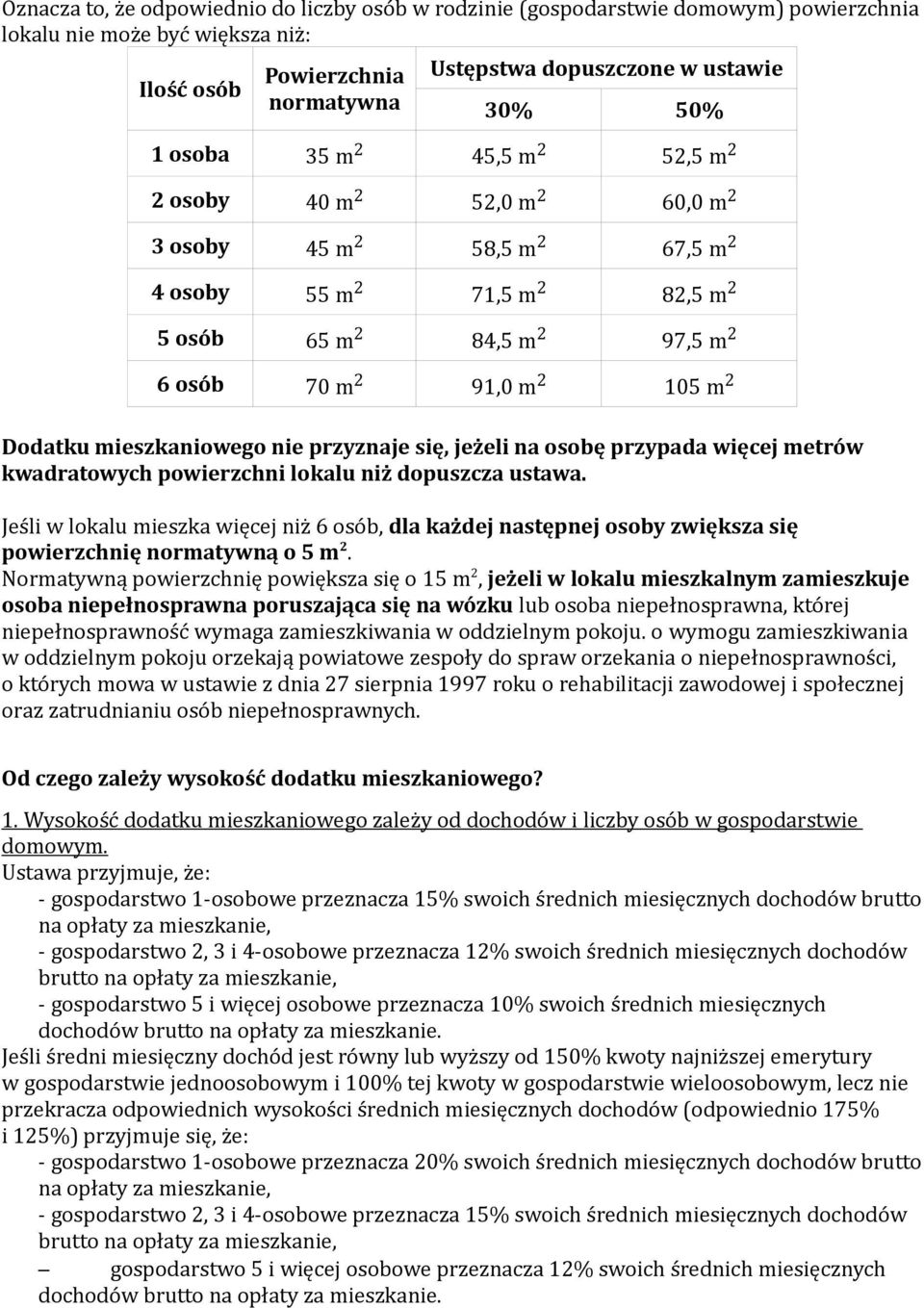 Dodatku mieszkaniowego nie przyznaje się, jeżeli na osobę przypada więcej metrów kwadratowych powierzchni lokalu niż dopuszcza ustawa.