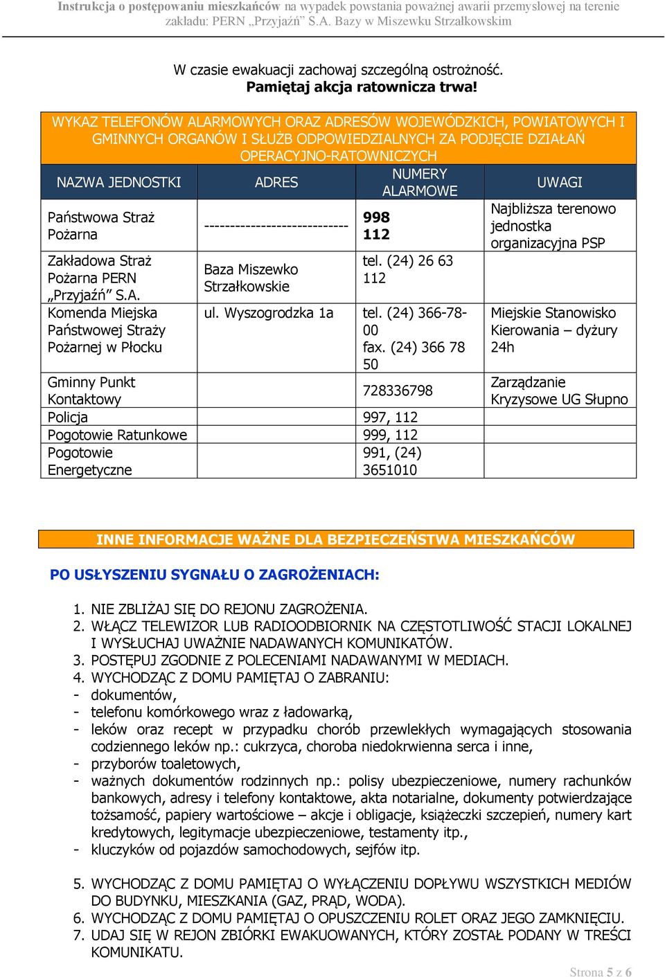 Zakładowa Straż Pożarna PERN Przyjaźń S.A. Komenda Miejska Państwowej Straży Pożarnej w Płocku ADRES ---------------------------- Baza Miszewko Strzałkowskie 998 112 NUMERY ALARMOWE tel.