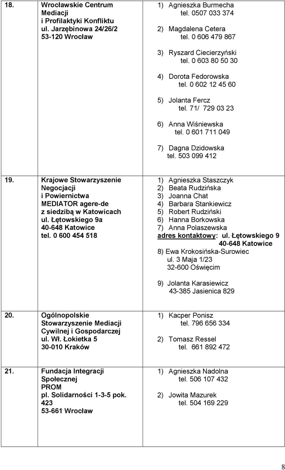 503 099 412 19. Krajowe Stowarzyszenie Negocjacji i Powiernictwa MEDIATOR agere-de z siedzibą w Katowicach ul. Łętowskiego 9a 40-648 Katowice tel.