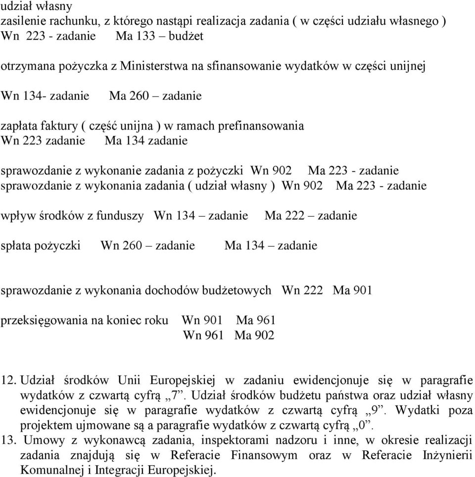 zadanie sprawozdanie z wykonania zadania ( udział własny ) Wn 902 Ma 223 - zadanie wpływ środków z funduszy Wn 134 zadanie Ma 222 zadanie spłata pożyczki Wn 260 zadanie Ma 134 zadanie sprawozdanie z