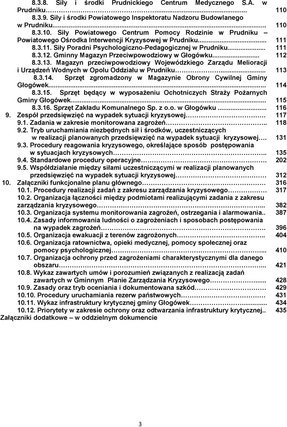 Magazyn przeciwpowodziowy Wojewódzkiego Zarządu Melioracji i Urządzeń Wodnych w Opolu Oddziału w Prudniku... 8.3.14. Sprzęt zgromadzony w Magazynie Obrony Cywilnej Gminy Głogówek... 8.3.15.