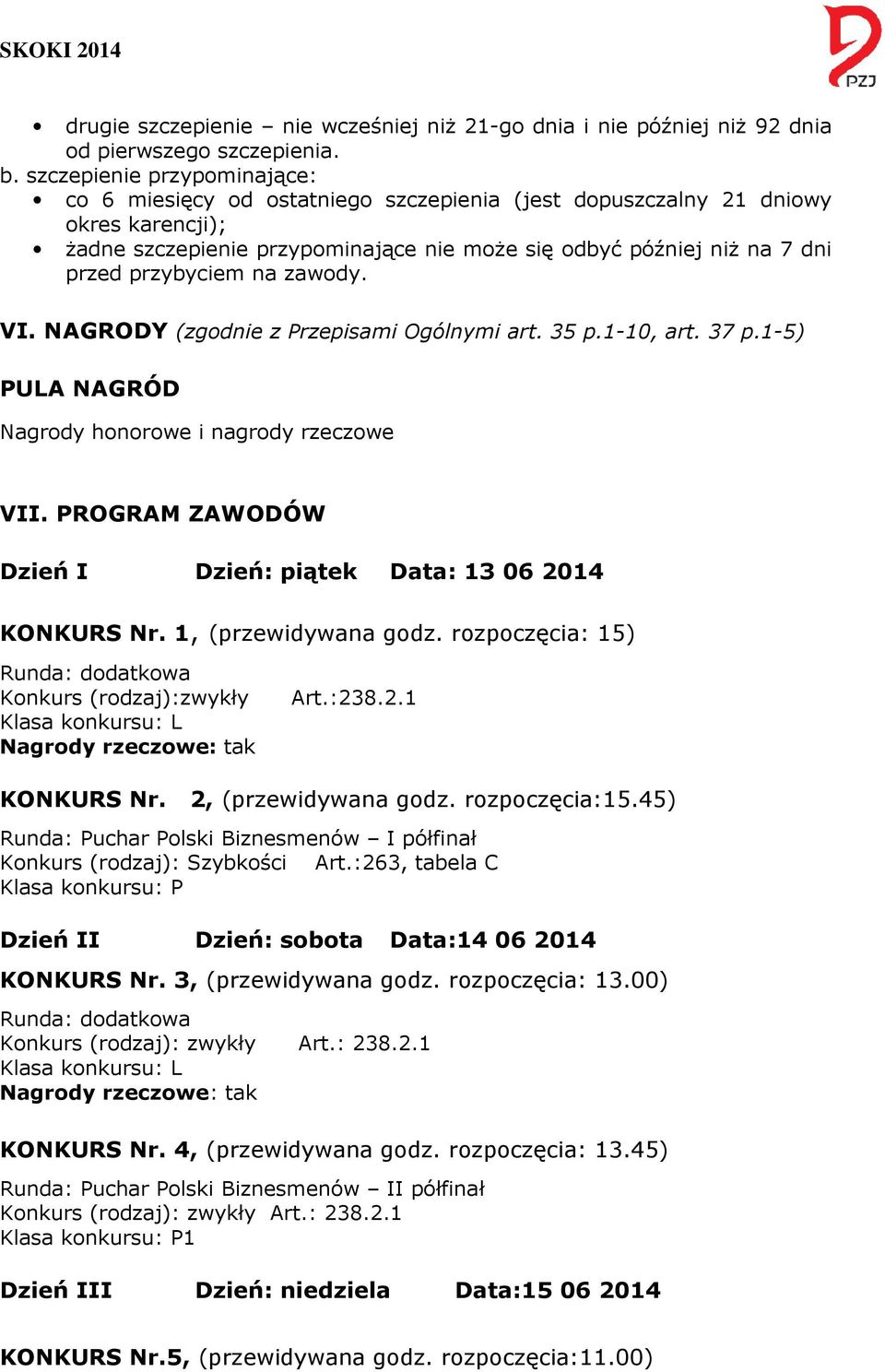 przybyciem na zawody. VI. NAGRODY (zgodnie z Przepisami Ogólnymi art. 35 p.1-10, art. 37 p.1-5) PULA NAGRÓD Nagrody honorowe i nagrody rzeczowe VII.