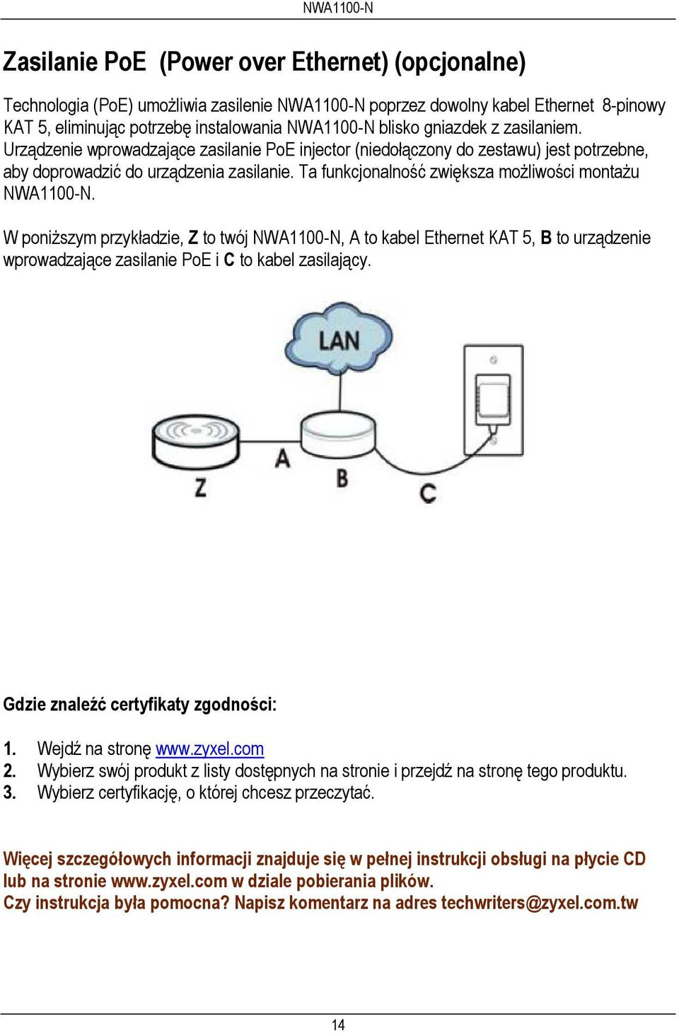 Ta funkcjonalność zwiększa możliwości montażu NWA1100-N. W poniższym przykładzie, Z to twój NWA1100-N, A to kabel Ethernet KAT 5, B to urządzenie wprowadzające zasilanie PoE i C to kabel zasilający.