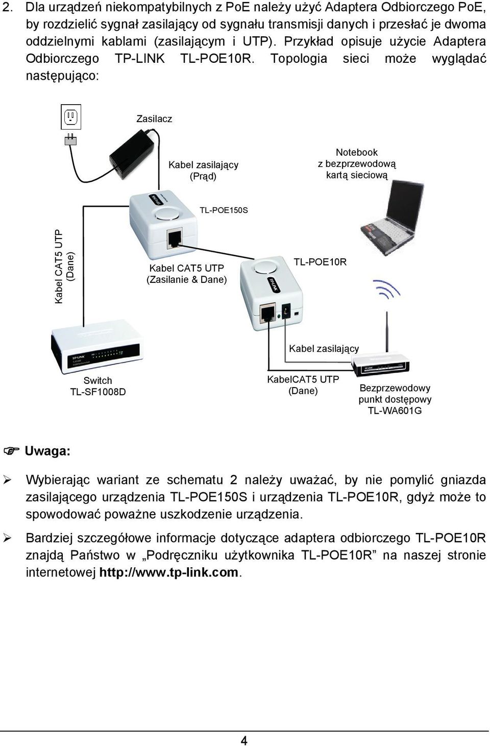 Topologia sieci może wyglądać następująco: Zasilacz Kabel zasilający (Prąd) Notebook z bezprzewodową kartą sieciową TL-POE150S Kabel CAT5 UTP (Dane) Kabel CAT5 UTP (Zasilanie & Dane) TL-POE10R Kabel