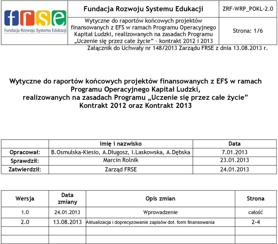 Laskowska, A.Dębska 7.01.2013 Sprawdził: Marcin Rolnik 23.01.2013 Zatwierdził: Zarząd FRSE 24.01.2013 Wersja Data zmiany Opis zmian Strona 1.