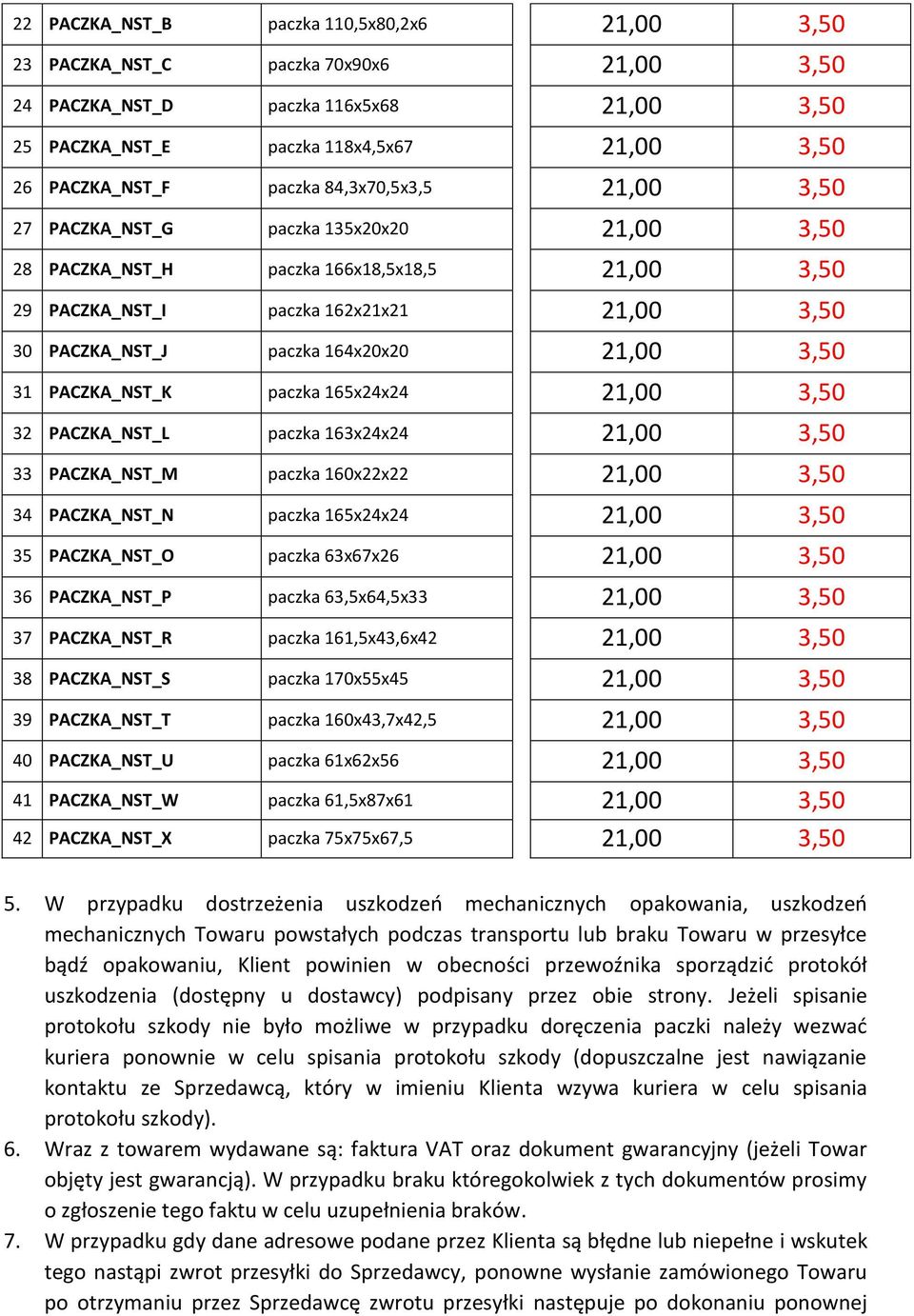 3,50 31 PACZKA_NST_K paczka 165x24x24 21,00 3,50 32 PACZKA_NST_L paczka 163x24x24 21,00 3,50 33 PACZKA_NST_M paczka 160x22x22 21,00 3,50 34 PACZKA_NST_N paczka 165x24x24 21,00 3,50 35 PACZKA_NST_O