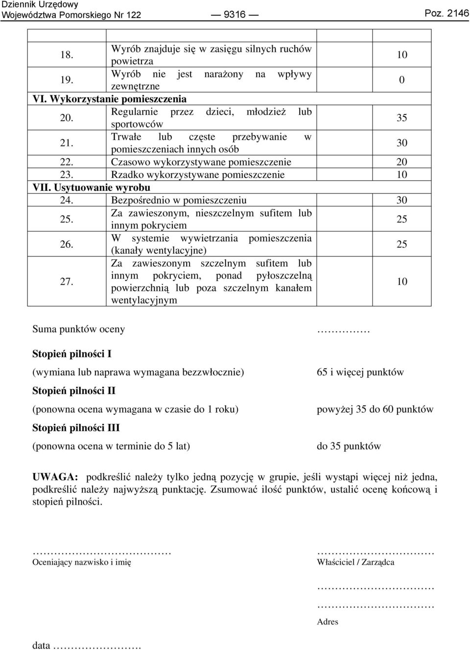 Rzadko wykorzystywane pomieszczenie 10 VII. Usytuowanie wyrobu 24. Bezpośrednio w pomieszczeniu 30 25. Za zawieszonym, nieszczelnym sufitem lub innym pokryciem 25 26.