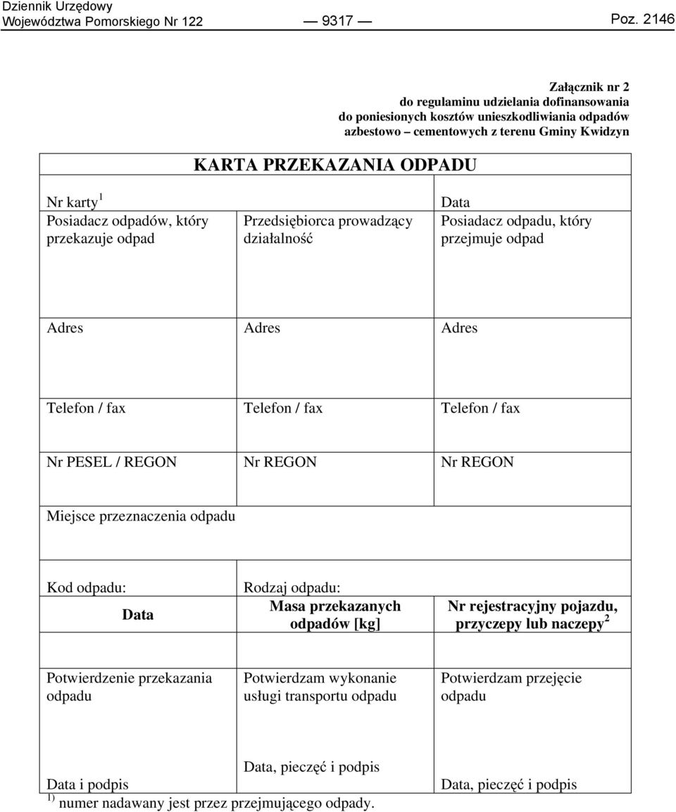Posiadacz odpadów, który przekazuje odpad Przedsiębiorca prowadzący działalność Data Posiadacz odpadu, który przejmuje odpad Adres Adres Adres Telefon / fax Telefon / fax Telefon / fax Nr PESEL /