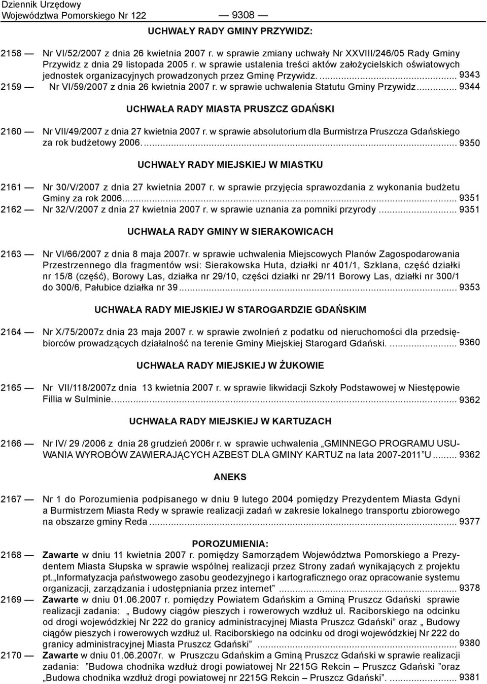 w sprawie uchwalenia Statutu Gminy Przywidz... 9344 UCHWAŁA RADY MIASTA PRUSZCZ GDAŃSKI 2160 Nr VII/49/2007 z dnia 27 kwietnia 2007 r.