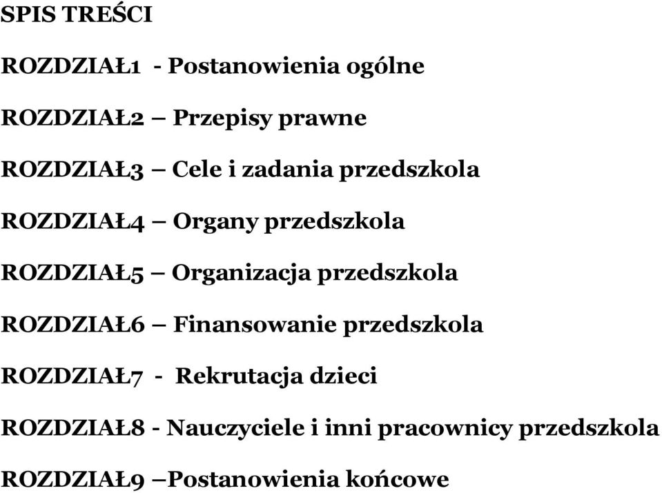 przedszkola ROZDZIAŁ6 Finansowanie przedszkola ROZDZIAŁ7 - Rekrutacja dzieci