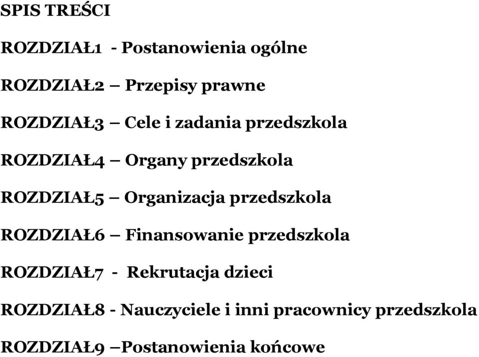 przedszkola ROZDZIAŁ6 Finansowanie przedszkola ROZDZIAŁ7 - Rekrutacja dzieci