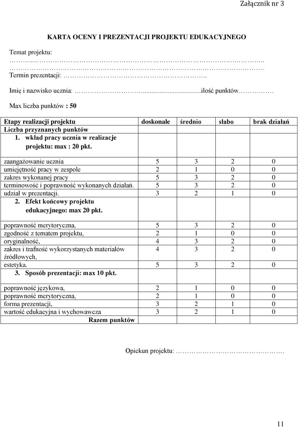 zaangażowanie ucznia 5 3 2 0 umiejętność pracy w zespole 2 1 0 0 zakres wykonanej pracy 5 3 2 0 terminowość i poprawność wykonanych działań. 5 3 2 0 udział w prezentacji. 3 2 1 0 2.