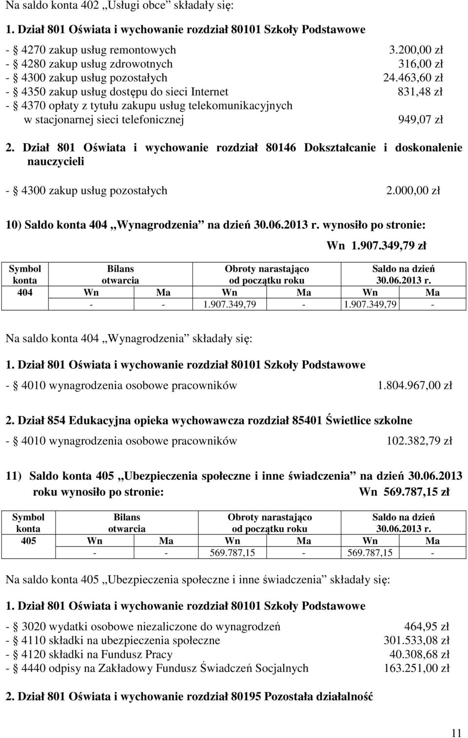 463,60 zł - 4350 zakup usług dostępu do sieci Internet 831,48 zł - 4370 opłaty z tytułu zakupu usług telekomunikacyjnych w stacjonarnej sieci telefonicznej 949,07 zł 2.