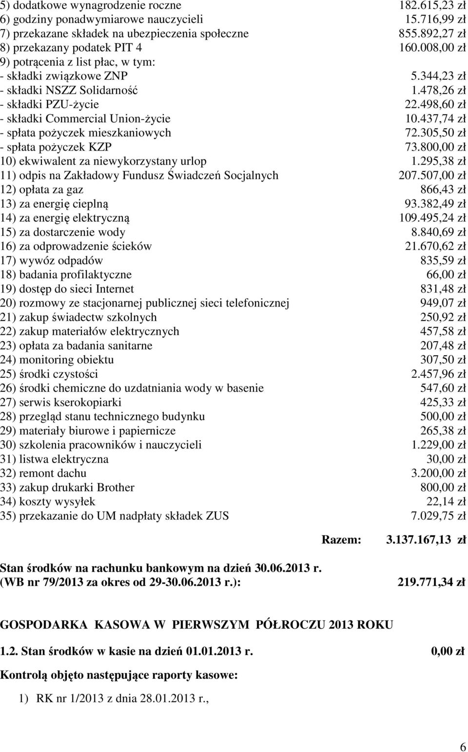 437,74 zł - spłata pożyczek mieszkaniowych 72.305,50 zł - spłata pożyczek KZP 73.800,00 zł 10) ekwiwalent za niewykorzystany urlop 1.295,38 zł 11) odpis na Zakładowy Fundusz Świadczeń Socjalnych 207.