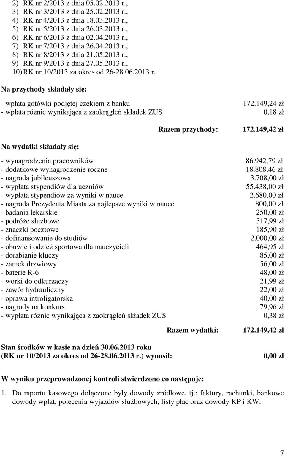 149,24 zł - wpłata różnic wynikająca z zaokrągleń składek ZUS 0,18 zł Razem przychody: 172.149,42 zł Na wydatki składały się: - wynagrodzenia pracowników 86.