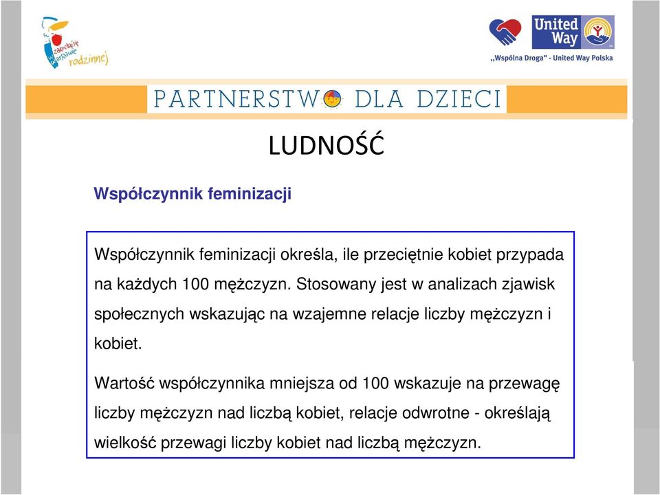 Stosowany jest w analizach zjawisk społecznych wskazując na wzajemne relacje liczby mężczyzn i
