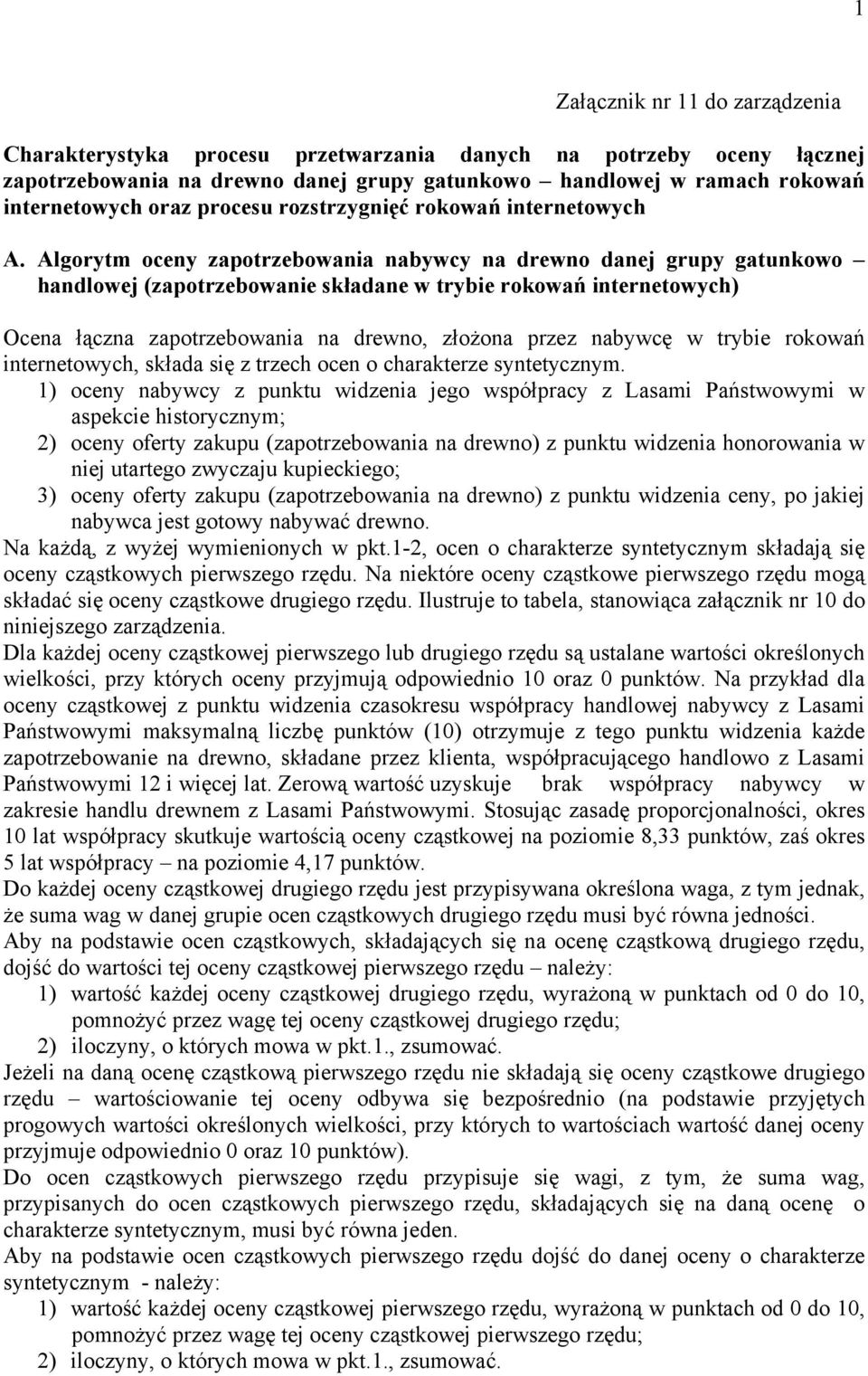 Algorytm oceny zapotrzebowania nabywcy na drewno danej grupy gatunkowo handlowej (zapotrzebowanie składane w trybie rokowań internetowych) Ocena łączna zapotrzebowania na drewno, złożona przez