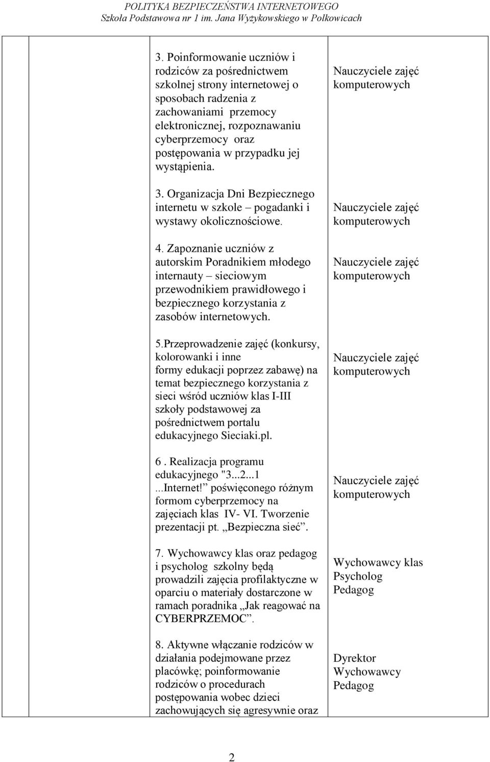 Zapoznanie uczniów z autorskim Poradnikiem młodego internauty sieciowym przewodnikiem prawidłowego i bezpiecznego korzystania z zasobów internetowych. 5.