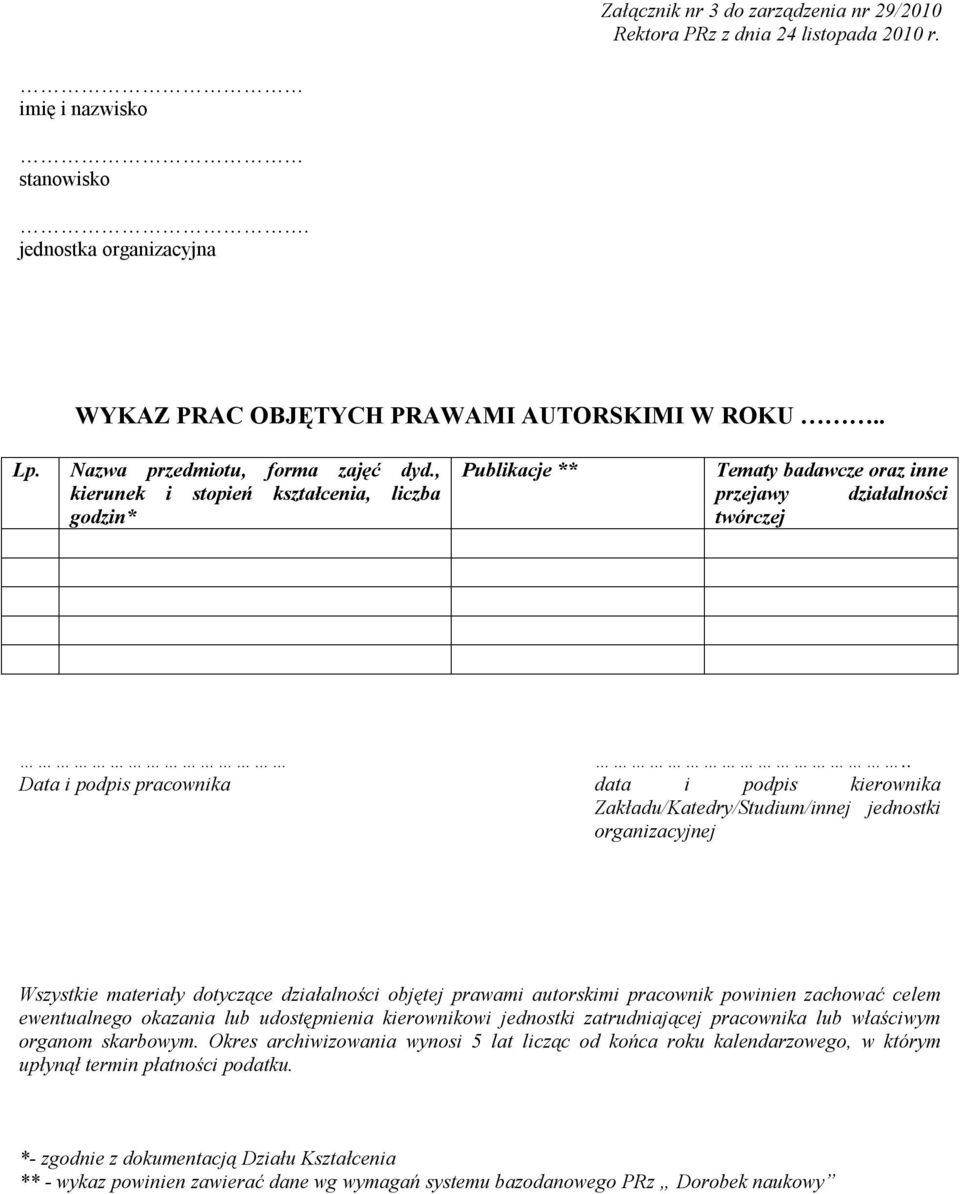 . Data i podpis pracownika data i podpis kierownika Zakładu/Katedry/Studium/innej jednostki organizacyjnej Wszystkie materiały dotyczące działalności objętej prawami autorskimi pracownik powinien