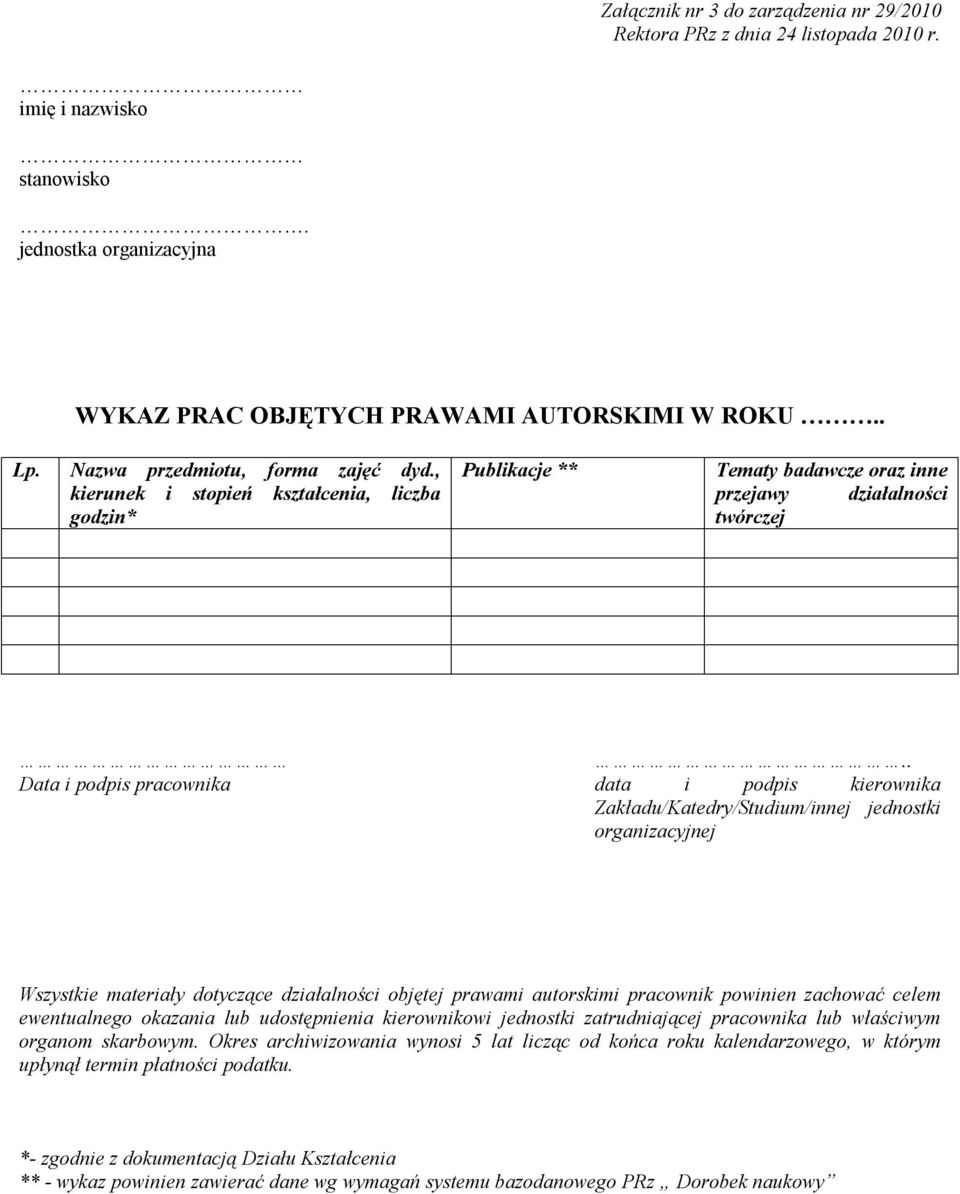 . Data i podpis pracownika data i podpis kierownika Zakładu/Katedry/Studium/innej jednostki organizacyjnej Wszystkie materiały dotyczące działalności objętej prawami autorskimi pracownik powinien