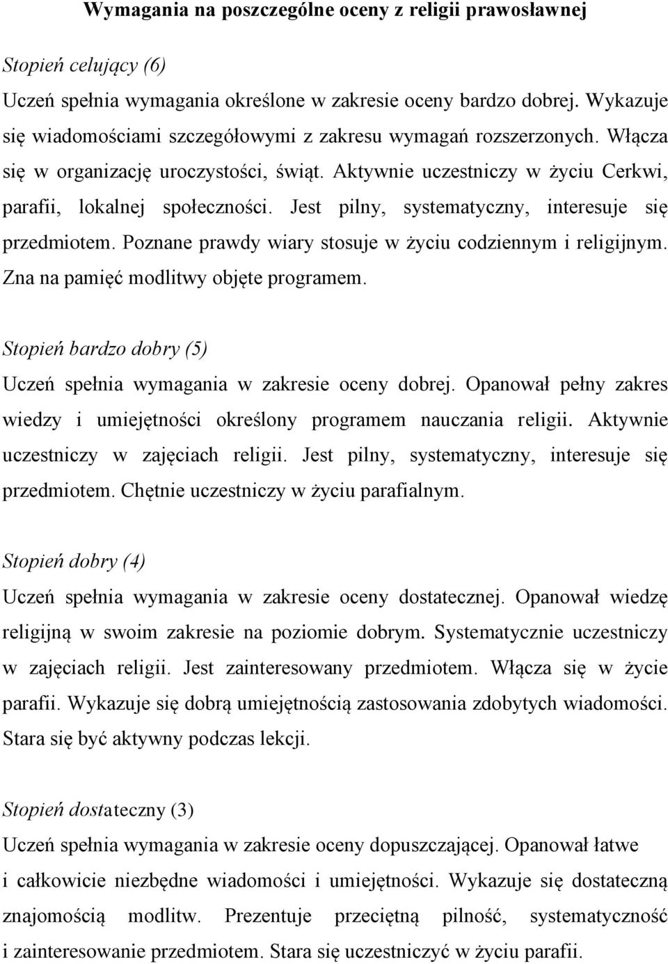 Jest pilny, systematyczny, interesuje się przedmiotem. Poznane prawdy wiary stosuje w życiu codziennym i religijnym. Zna na pamięć modlitwy objęte programem.