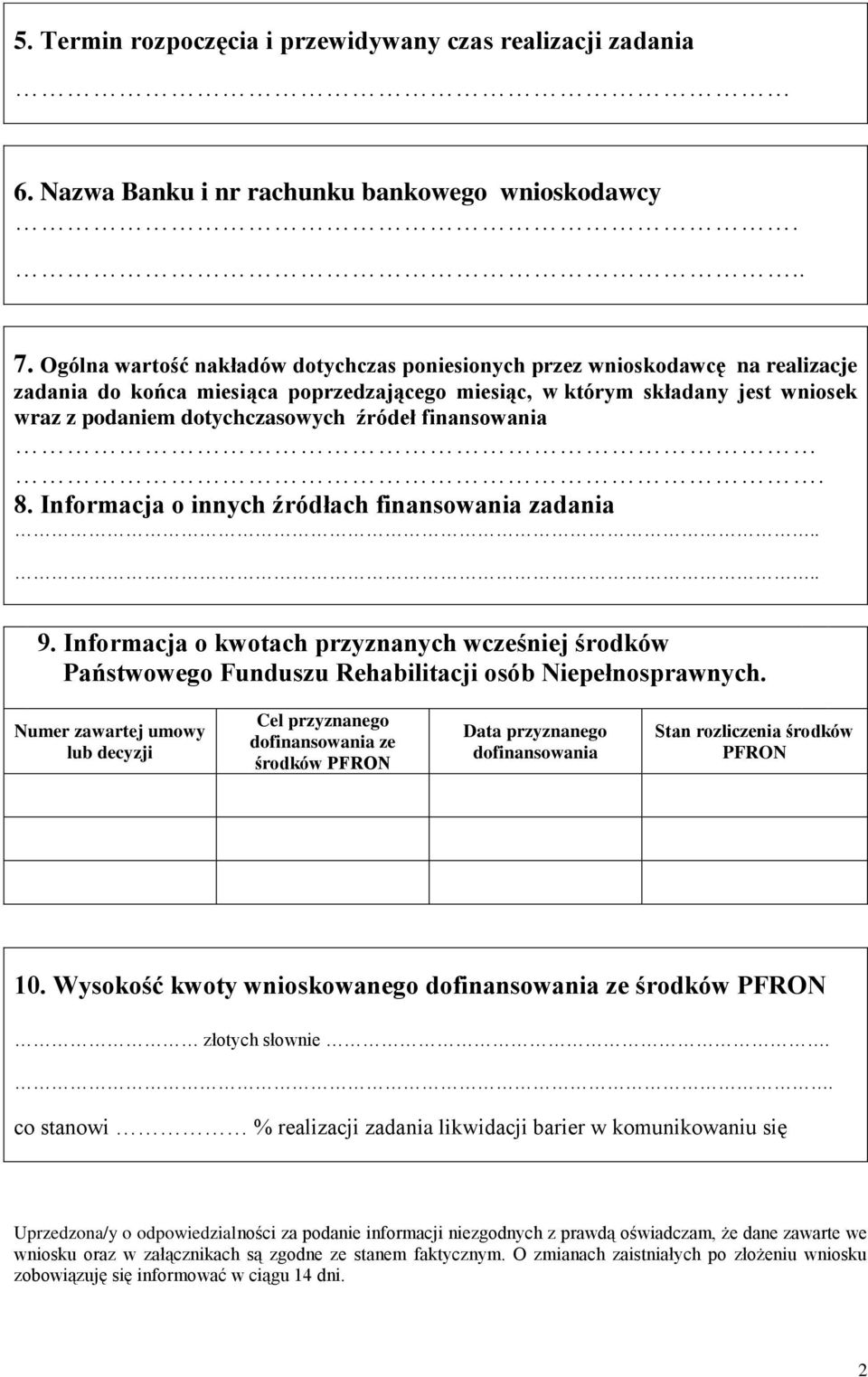 źródeł finansowania 8. Informacja o innych źródłach finansowania zadania.. 9. Informacja o kwotach przyznanych wcześniej środków Państwowego Funduszu Rehabilitacji osób Niepełnosprawnych.