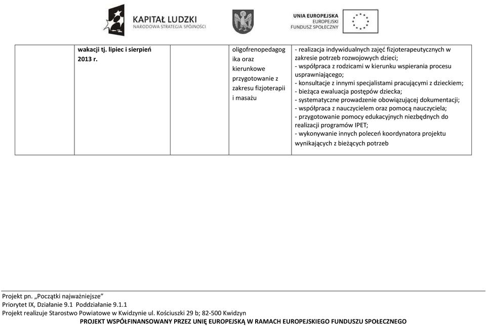 dzieci; usprawniającego; - bieżąca ewaluacja postępów dziecka; - współpraca z