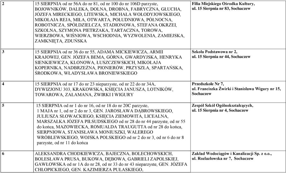ZDUŃSKA 3 15 SIERPNIA od nr 36 do nr 55, ADAMA MICKIEWICZA, ARMII KRAJOWEJ, GEN.