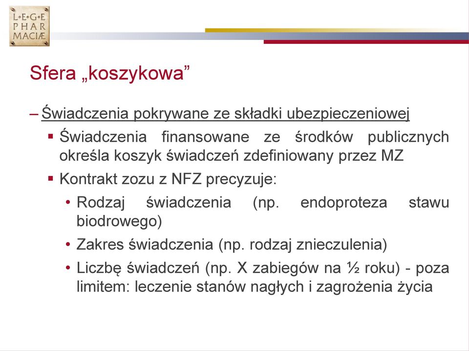 Rodzaj świadczenia (np. endoproteza stawu biodrowego) Zakres świadczenia (np.