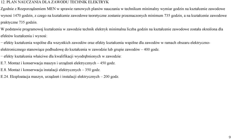 W podstawie programowej kształcenia w zawodzie technik elektryk minimalna liczba godzin na kształcenie zawodowe została określona dla efektów kształcenia i wynosi: efekty kształcenia wspólne dla