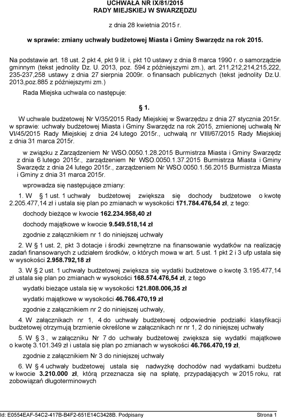 o finansach publicznych (tekst jednolity Dz.U. 203,poz.885 z późniejszymi zm.) Rada Miejska uchwala co następuje:. W uchwale budżetowej Nr V/35/205 Rady Miejskiej w Swarzędzu z dnia 27 stycznia 205r.
