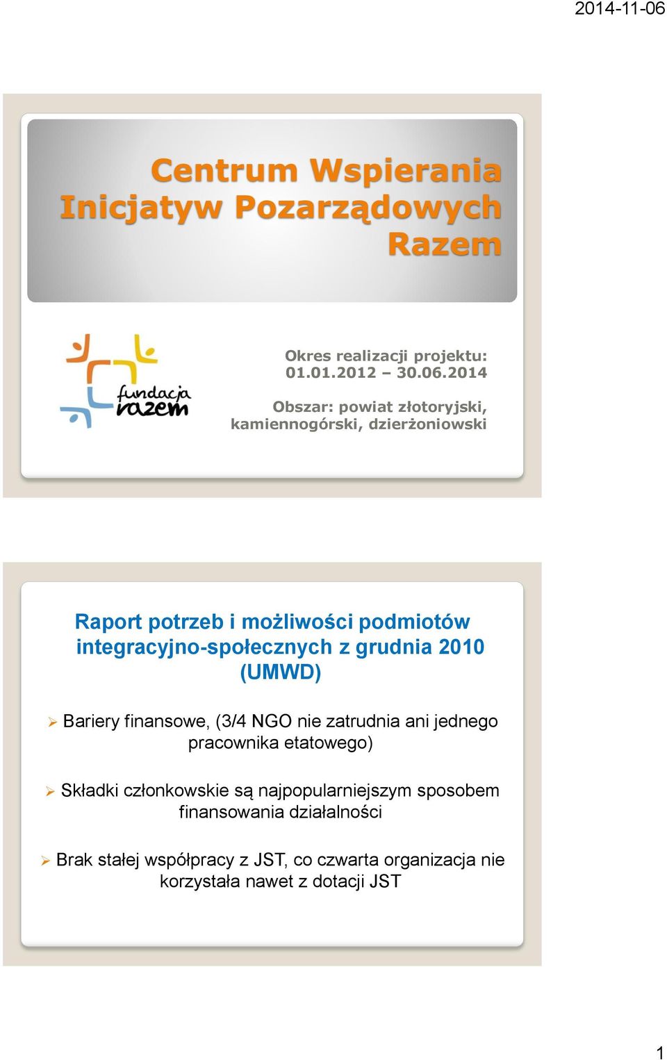 integracyjno-społecznych z grudnia 2010 (UMWD) Bariery finansowe, (3/4 NGO nie zatrudnia ani jednego pracownika