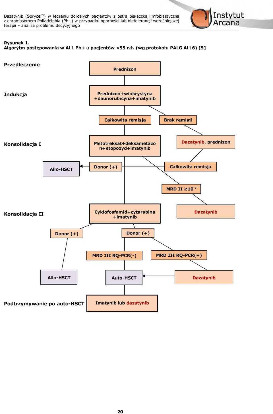 remisji Konsolidacja I Metotreksat+deksametazo n+etopozyd+imatynib Dazatynib, prednizon Allo-HSCT Donor (+) Całkowita remisja MRD II