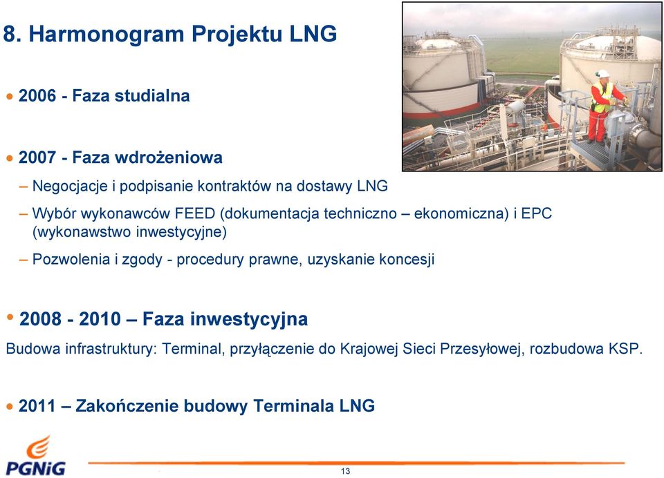 Pozwolenia i zgody - procedury prawne, uzyskanie koncesji 2008-2010 Faza inwestycyjna Budowa infrastruktury: