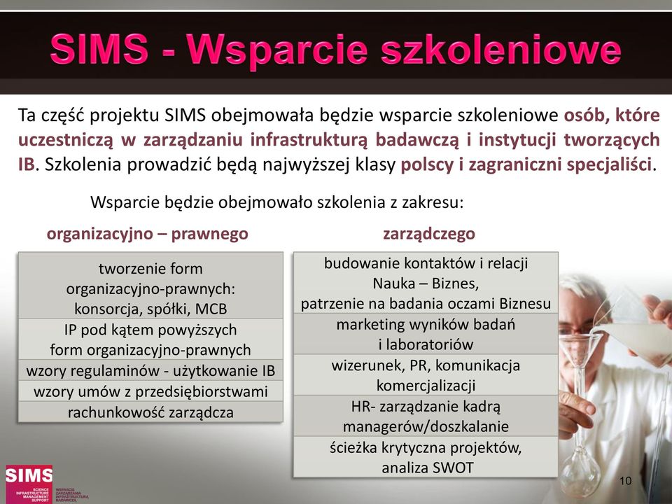 Wsparcie będzie obejmowało szkolenia z zakresu: organizacyjno prawnego tworzenie form organizacyjno-prawnych: konsorcja, spółki, MCB IP pod kątem powyższych form organizacyjno-prawnych wzory