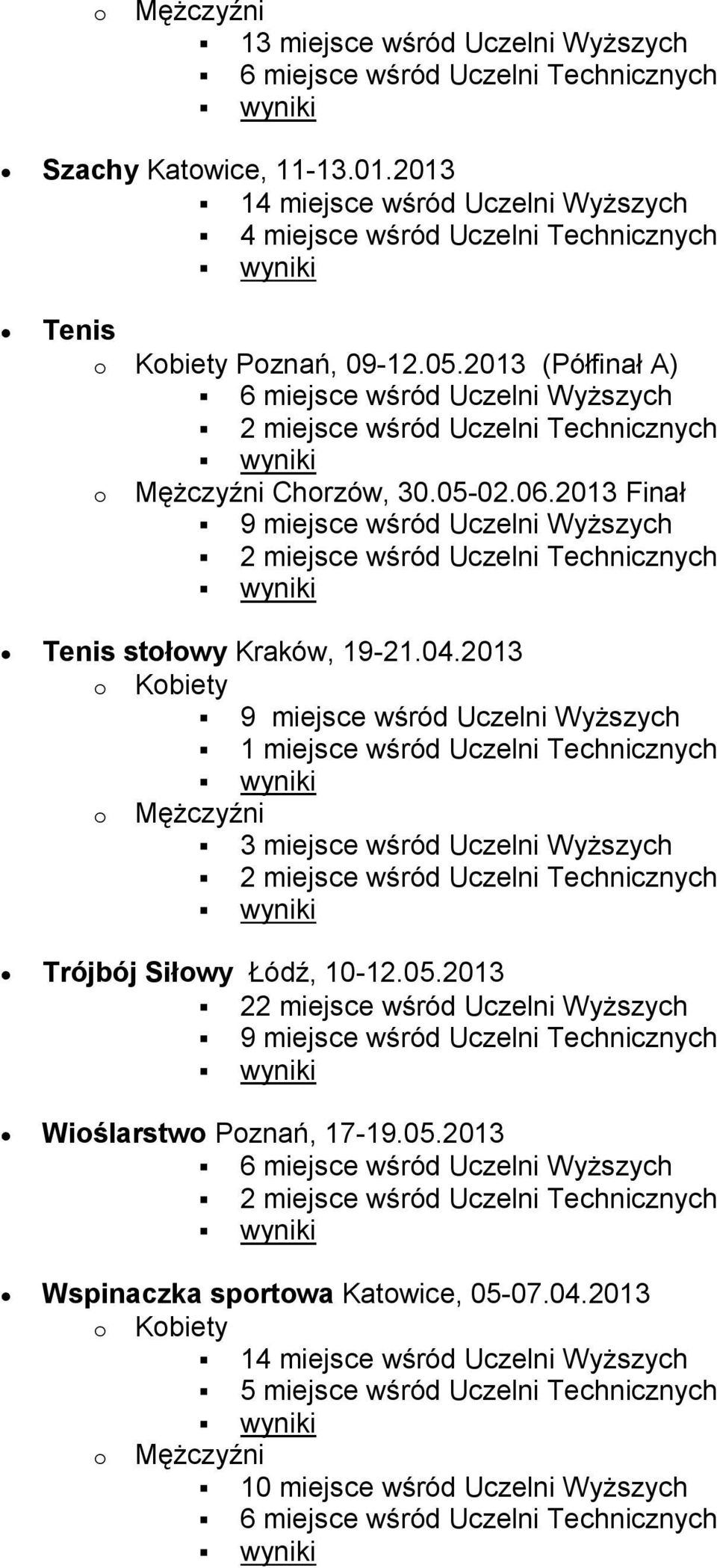 2013 1 miejsce wśród Uczelni Technicznych Trójbój Siłowy Łódź, 10-12.05.
