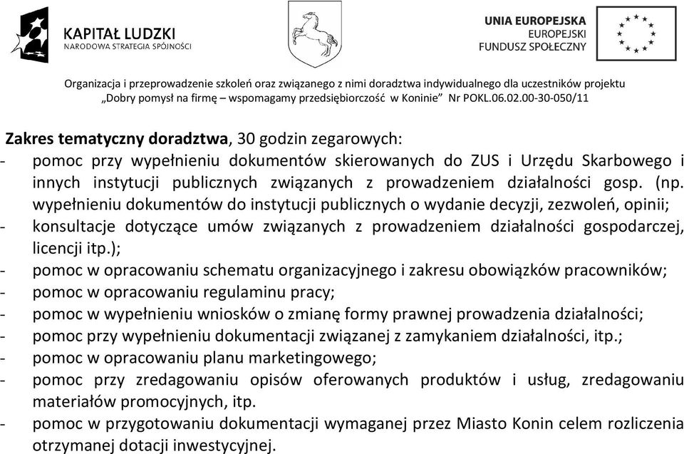 ); - pomoc w opracowaniu schematu organizacyjnego i zakresu obowiązków pracowników; - pomoc w opracowaniu regulaminu pracy; - pomoc w wypełnieniu wniosków o zmianę formy prawnej prowadzenia