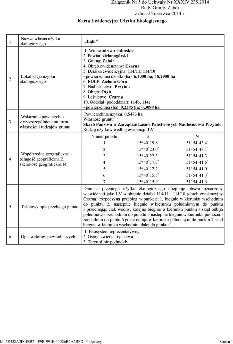 geograficzna E, szerokość geograficzna N) 5 Tekstowy opis przebiegu granic 6 Opis walorów przyrodniczych Łąki 1. Województwo: lubuskie 2. Powiat: zielonogórski 3. Gmina: Zabór 4.