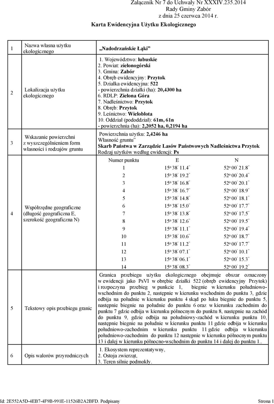 geograficzna E, szerokość geograficzna N) 5 Tekstowy opis przebiegu granic 6 Opis walorów przyrodniczych Nadodrzańskie Łąki 1. Województwo: lubuskie 2. Powiat: zielonogórski 3. Gmina: Zabór 4.