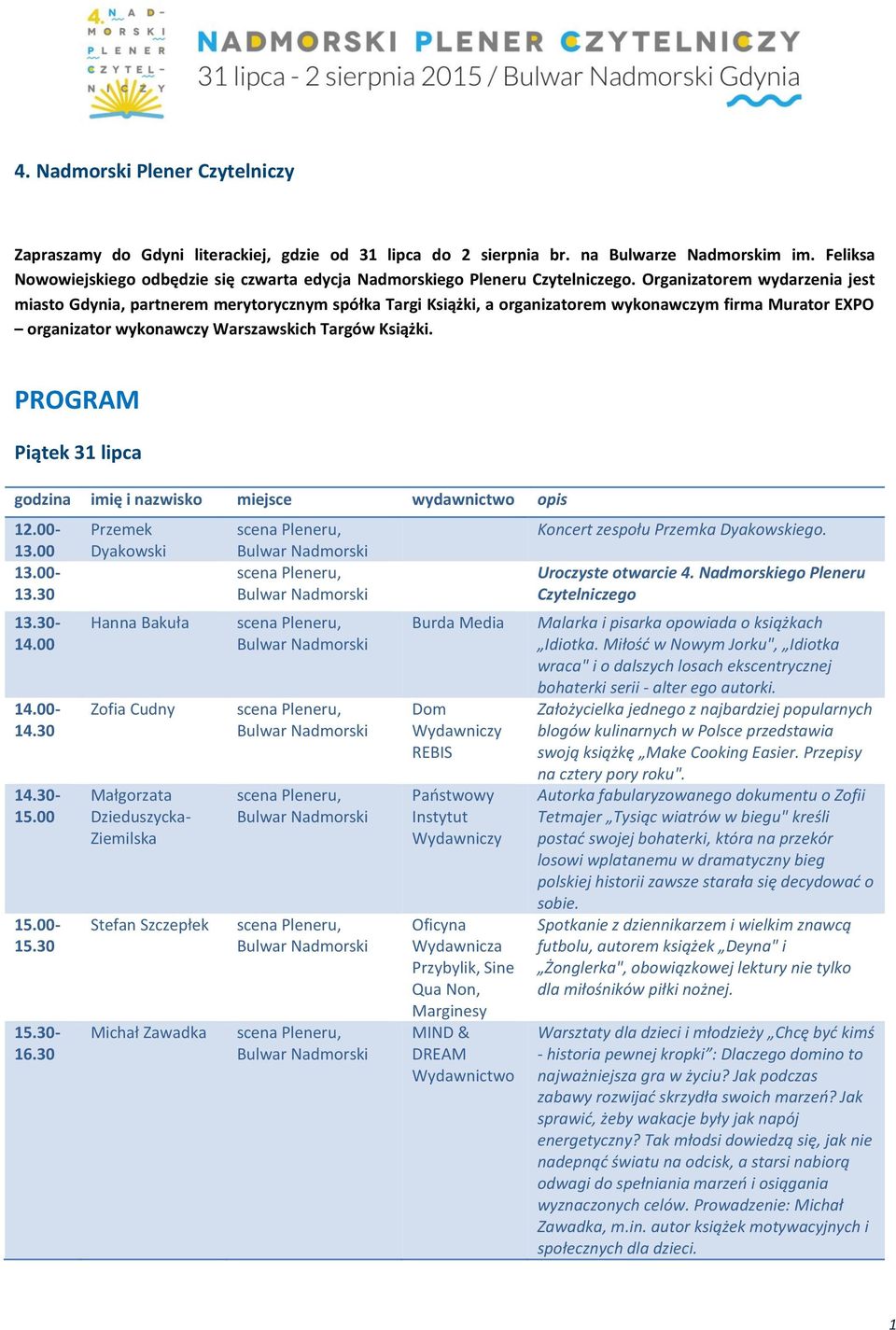 PROGRAM Piątek 31 lipca godzina imię i nazwisko miejsce wydawnictwo opis 12.00-13.00 13.00-13.30 13.30- - 14.30 14.30-15.00-16.