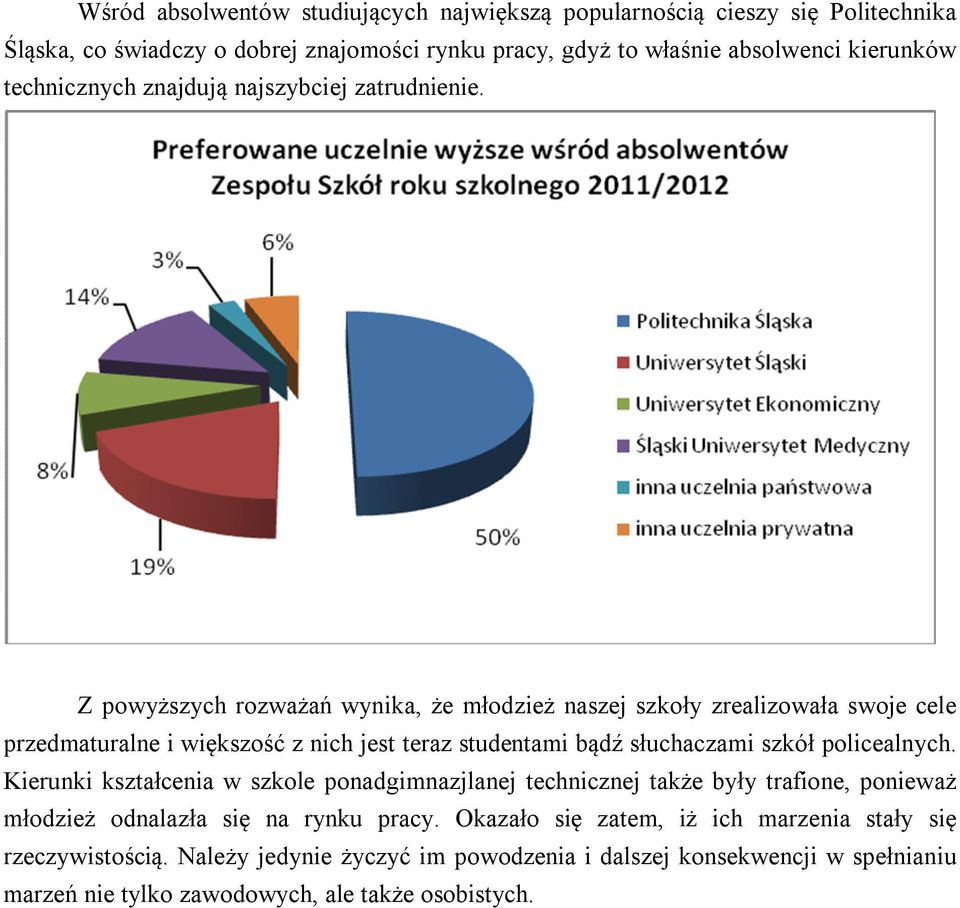 Z powyższych rozważań wynika, że młodzież naszej szkoły zrealizowała swoje cele przedmaturalne i większość z nich jest teraz studentami bądź słuchaczami szkół policealnych.