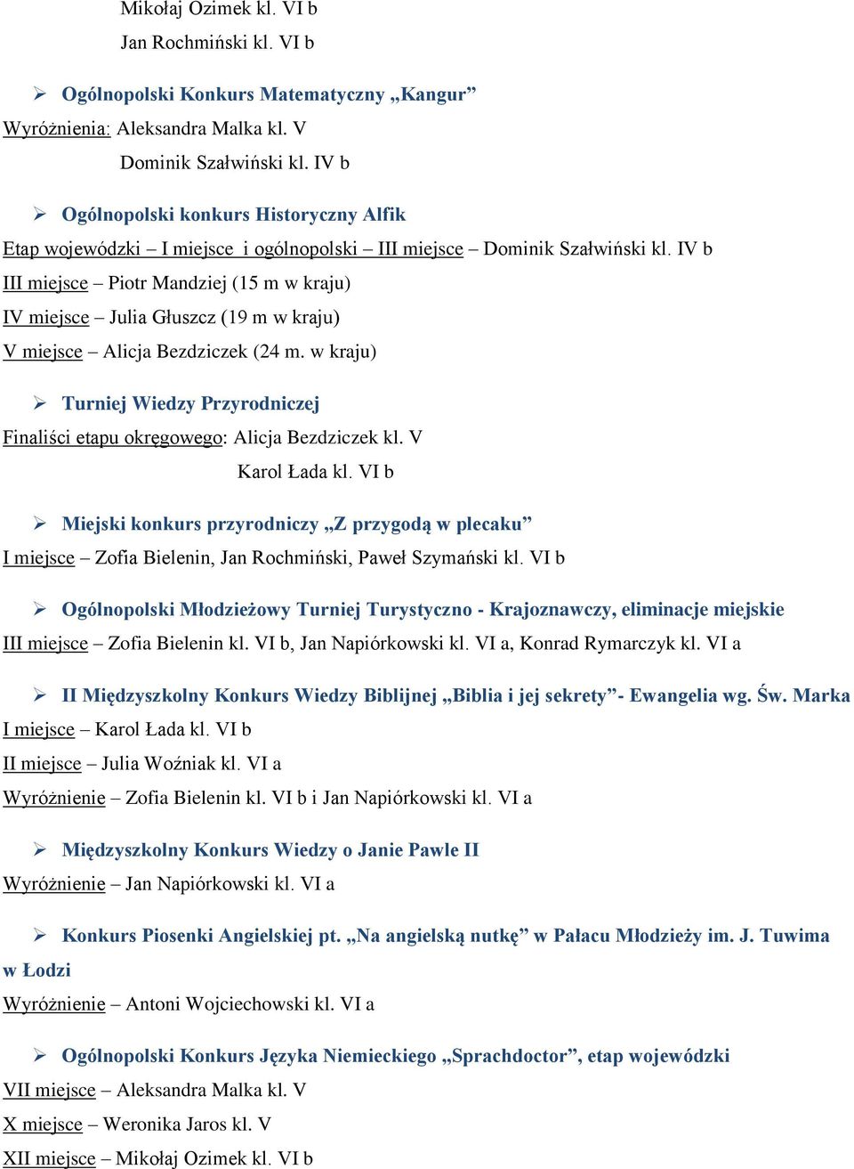 IV b III miejsce Piotr Mandziej (15 m w kraju) IV miejsce Julia Głuszcz (19 m w kraju) V miejsce Alicja Bezdziczek (24 m.
